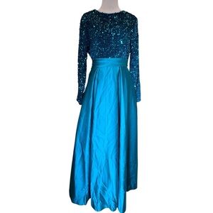 Girls Junior Formal Dress long-sleeve satin gown sequin bodice sash bow size 16